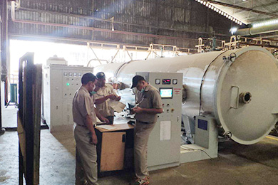 HF timber dryer machine scene in Indonesia